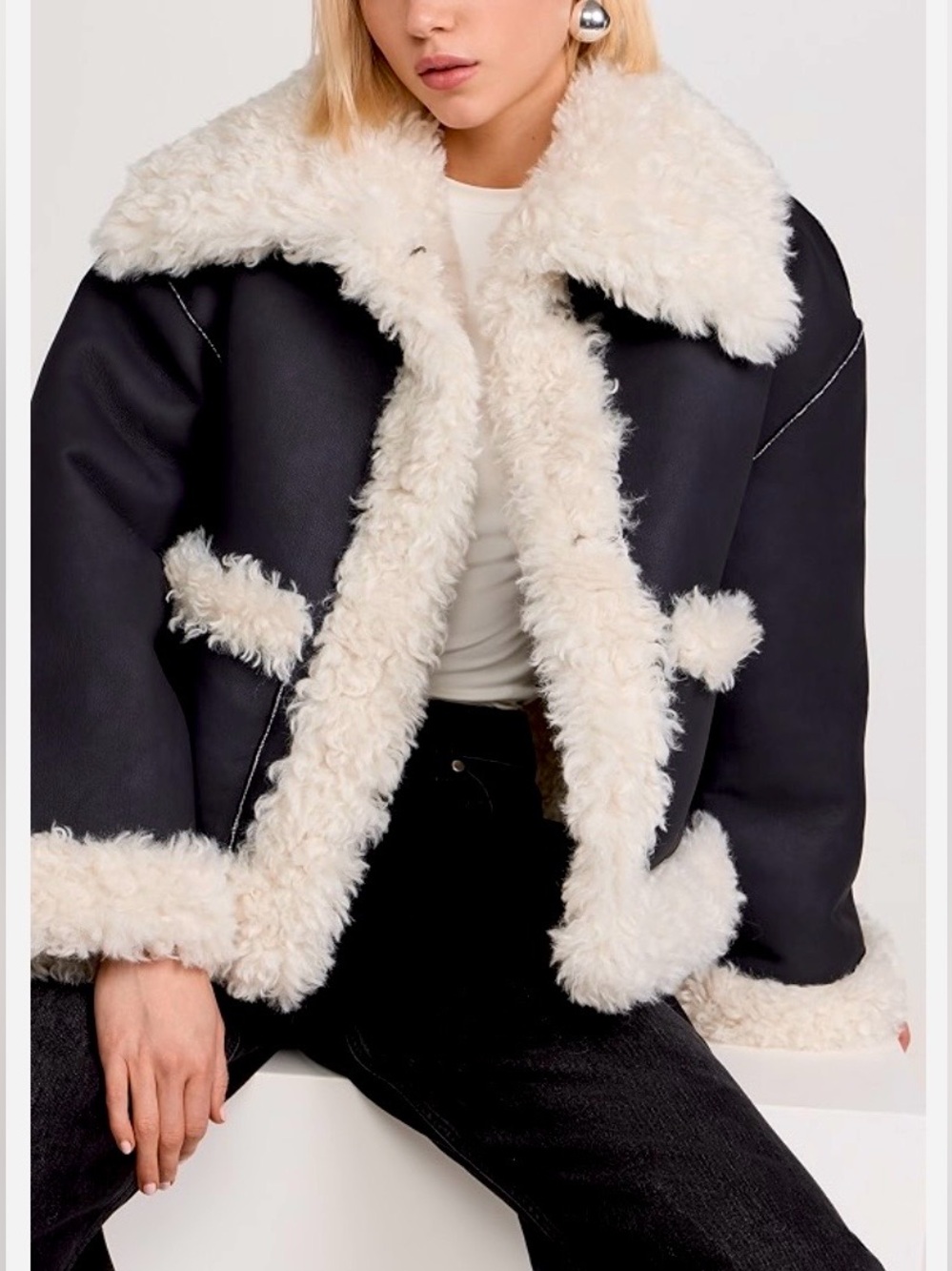 Free People Kiki Faux Sherpa Faux Black Leather Jacket Size Medium